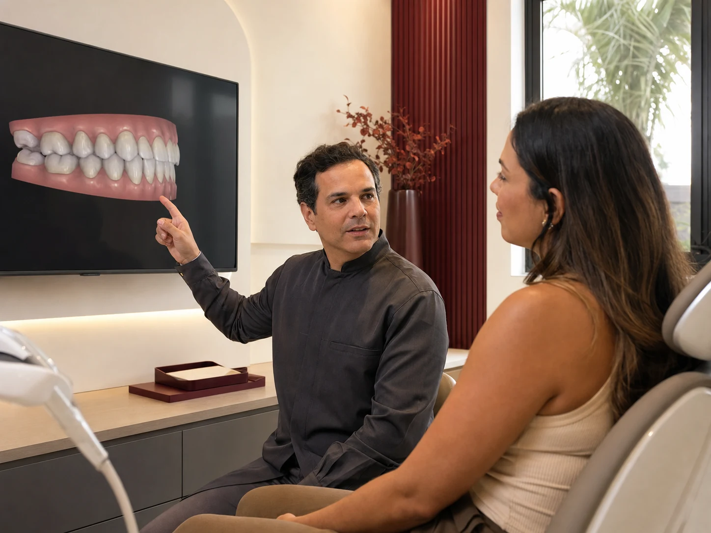 Dentista e paciente analisando um planejamento odontológico digital